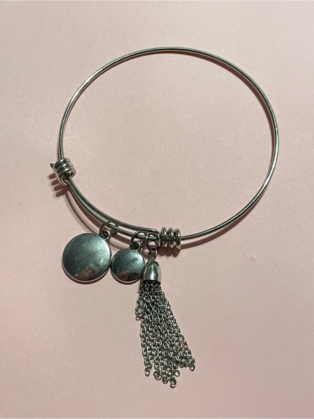 Silver Tone Charm Tassel Bangle Bracelet #0160